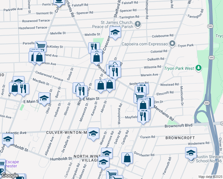 map of restaurants, bars, coffee shops, grocery stores, and more near 212 Akron Street in Rochester