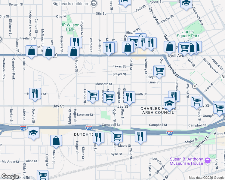 map of restaurants, bars, coffee shops, grocery stores, and more near 511 Colvin Street in Rochester