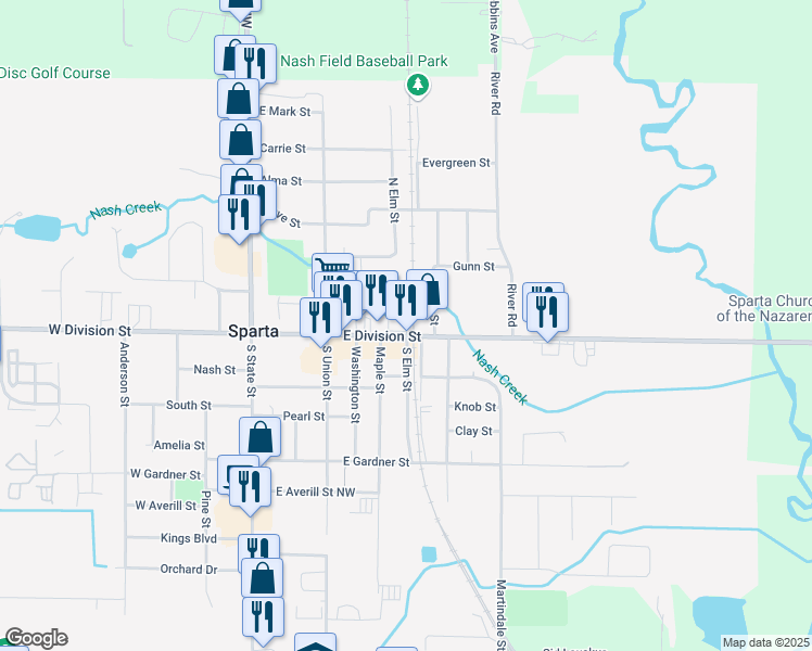map of restaurants, bars, coffee shops, grocery stores, and more near 241 East Division Street in Sparta