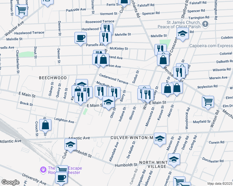 map of restaurants, bars, coffee shops, grocery stores, and more near 55 Hall Street in Rochester