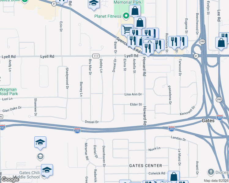 map of restaurants, bars, coffee shops, grocery stores, and more near 32 Drexel Drive in Rochester