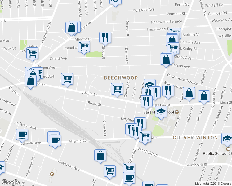 map of restaurants, bars, coffee shops, grocery stores, and more near 25 Sidney Street in Rochester