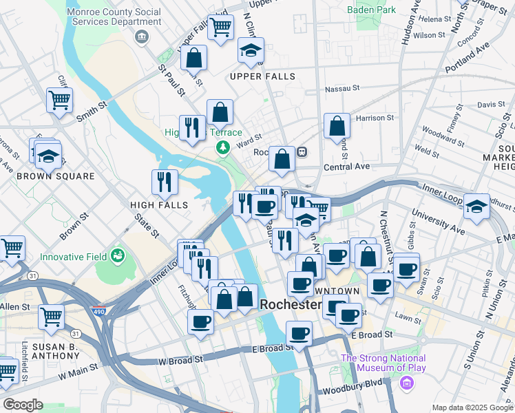 map of restaurants, bars, coffee shops, grocery stores, and more near 220 North Water Street in Rochester