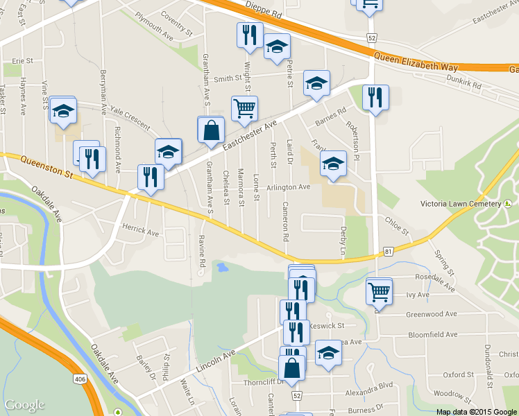 map of restaurants, bars, coffee shops, grocery stores, and more near 24 Lorne Street in St. Catharines