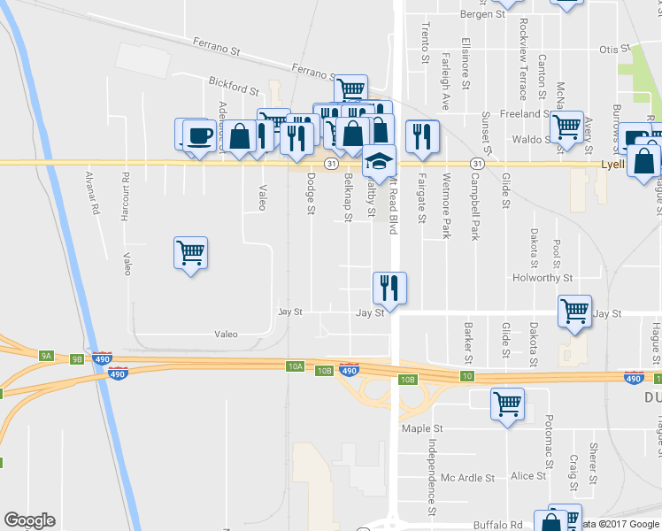 map of restaurants, bars, coffee shops, grocery stores, and more near 106 Falmouth Street in Rochester