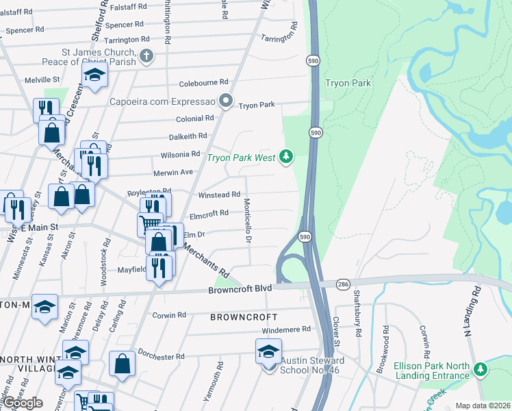 map of restaurants, bars, coffee shops, grocery stores, and more near 160 Elmcroft Road in Rochester