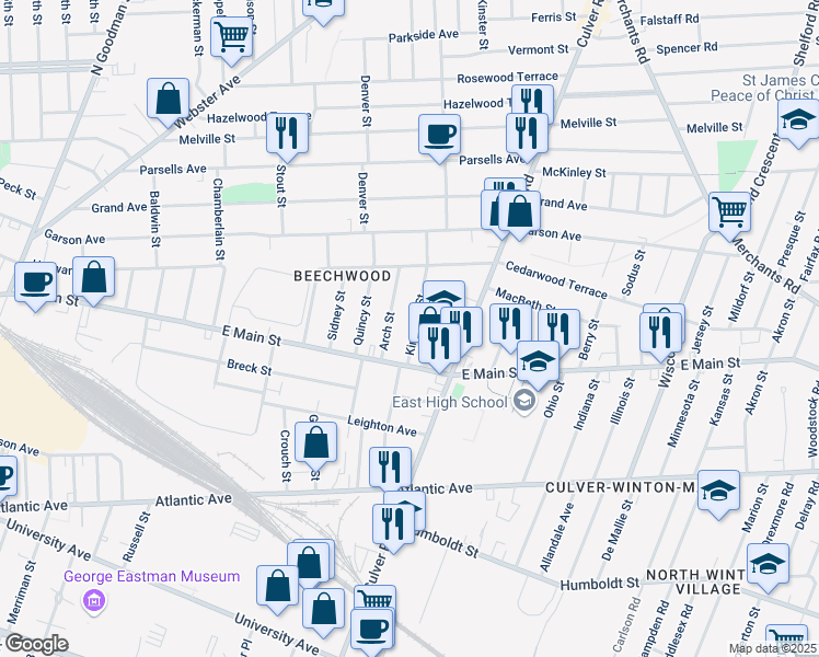 map of restaurants, bars, coffee shops, grocery stores, and more near 47 Kingston Street in Rochester