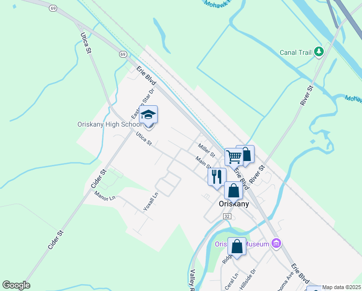 map of restaurants, bars, coffee shops, grocery stores, and more near 408 Main Street in Oriskany