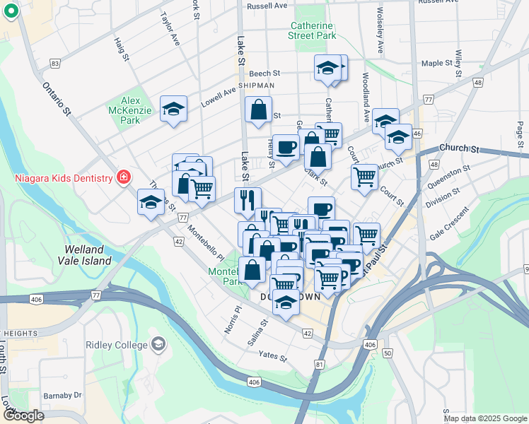map of restaurants, bars, coffee shops, grocery stores, and more near 151 James Street in St. Catharines