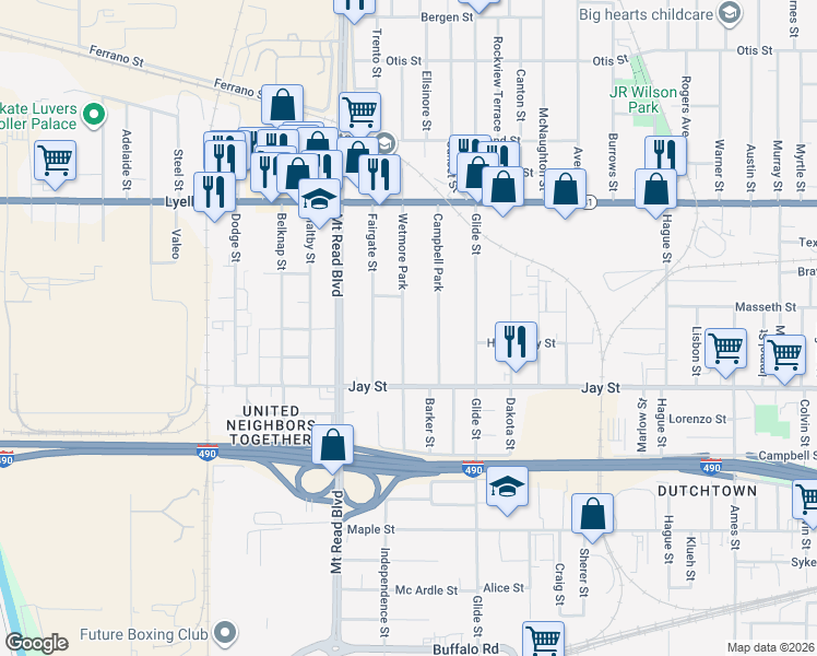 map of restaurants, bars, coffee shops, grocery stores, and more near 78 Wetmore Park in Rochester
