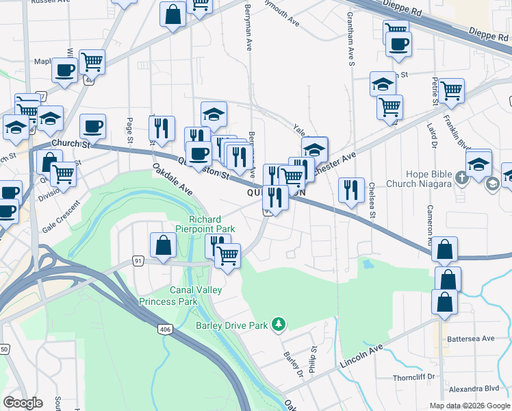 map of restaurants, bars, coffee shops, grocery stores, and more near in St. Catharines