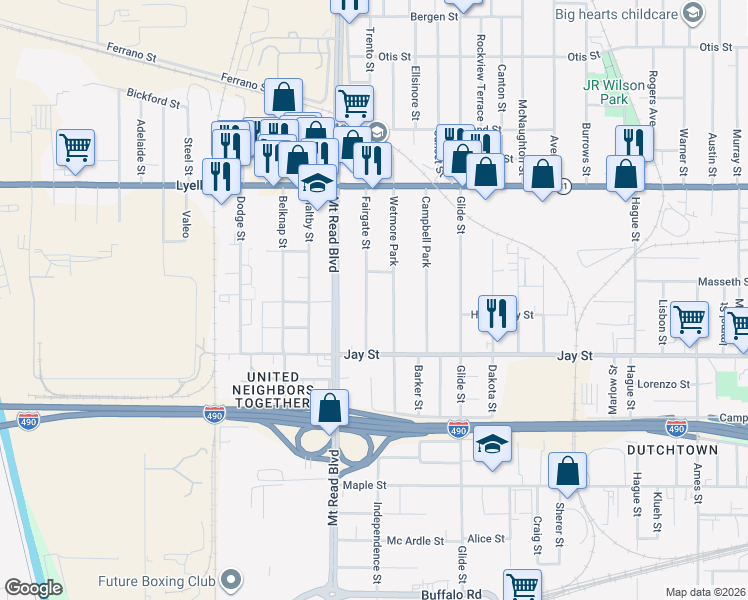 map of restaurants, bars, coffee shops, grocery stores, and more near 78 Fairgate Street in Rochester