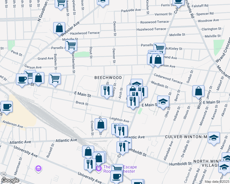 map of restaurants, bars, coffee shops, grocery stores, and more near 38 Quincy Street in Rochester