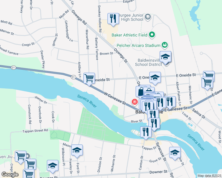 map of restaurants, bars, coffee shops, grocery stores, and more near 7 Walnut Street in Baldwinsville