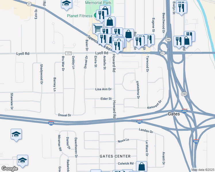 map of restaurants, bars, coffee shops, grocery stores, and more near 185 Ardella Street in Rochester