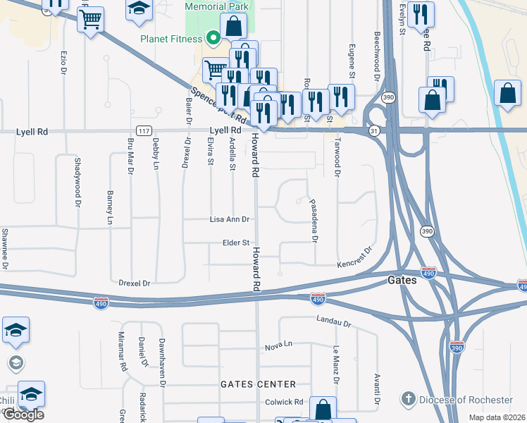 map of restaurants, bars, coffee shops, grocery stores, and more near 174 Howard Road in Rochester
