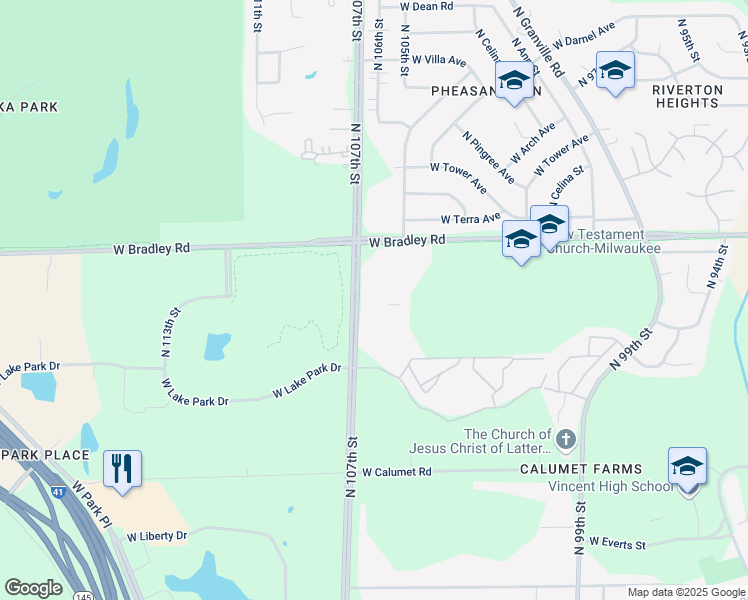 map of restaurants, bars, coffee shops, grocery stores, and more near 7900 North 107th Street in Milwaukee