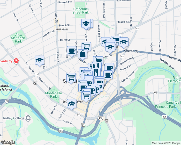 map of restaurants, bars, coffee shops, grocery stores, and more near 31 Academy Street in Saint Catharines