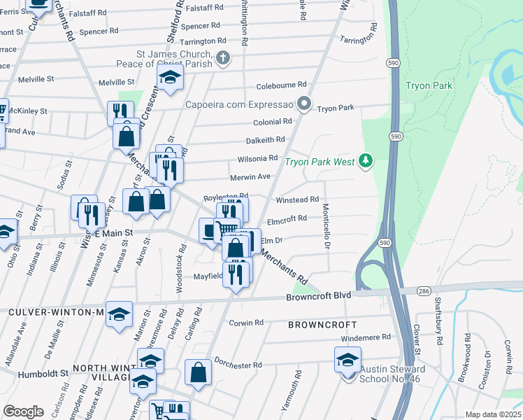 map of restaurants, bars, coffee shops, grocery stores, and more near 805 Winton Road North in Rochester