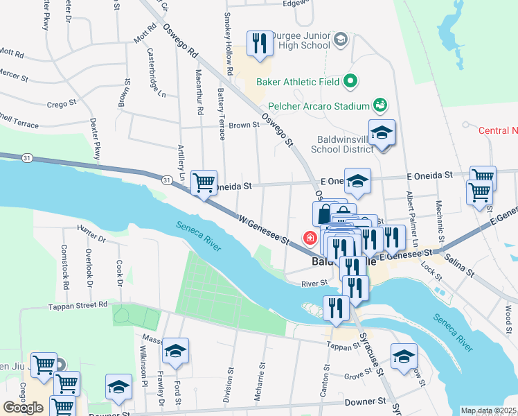 map of restaurants, bars, coffee shops, grocery stores, and more near 7 Walnut Street in Baldwinsville