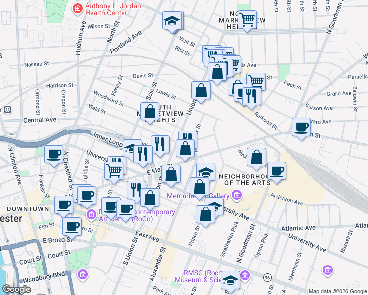 map of restaurants, bars, coffee shops, grocery stores, and more near 146 Union Street North in Rochester