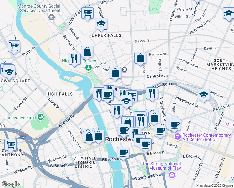 map of restaurants, bars, coffee shops, grocery stores, and more near 175 North Clinton Avenue in Rochester