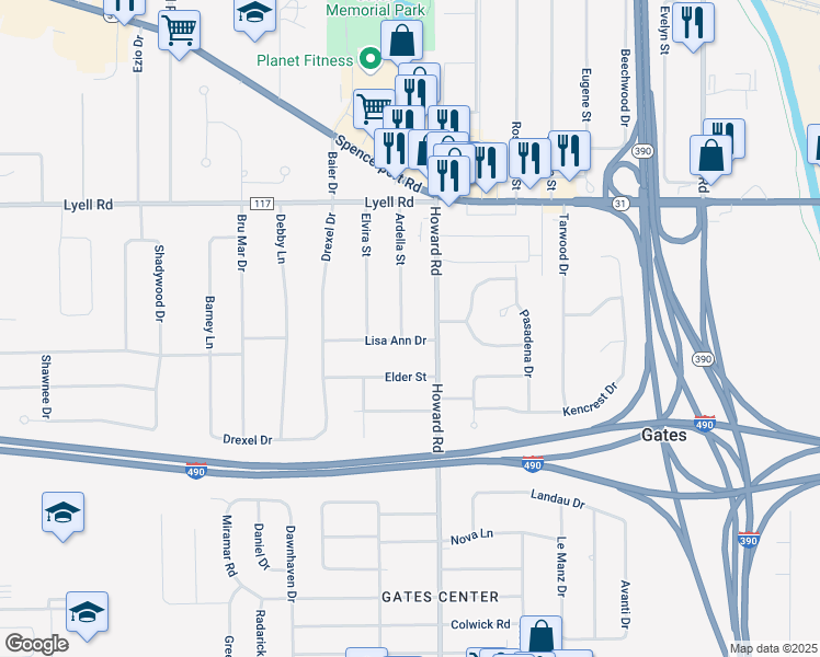 map of restaurants, bars, coffee shops, grocery stores, and more near 185 Ardella Street in Rochester