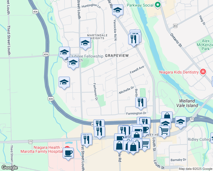map of restaurants, bars, coffee shops, grocery stores, and more near in St. Catharines