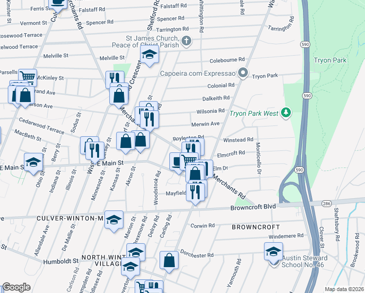 map of restaurants, bars, coffee shops, grocery stores, and more near 312 Merchants Road in Rochester