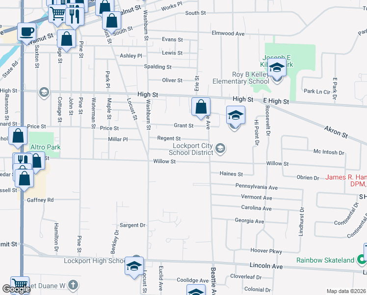 map of restaurants, bars, coffee shops, grocery stores, and more near 65 Morrow Avenue in Lockport