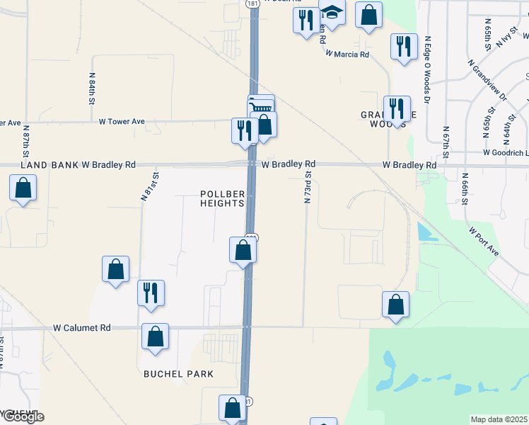 map of restaurants, bars, coffee shops, grocery stores, and more near 7878 North 76th Street in Milwaukee