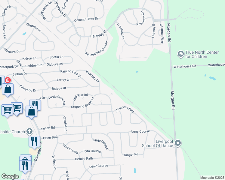 map of restaurants, bars, coffee shops, grocery stores, and more near 8073 White Birch Circle in Liverpool