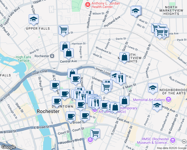 map of restaurants, bars, coffee shops, grocery stores, and more near 58 University Avenue in Rochester