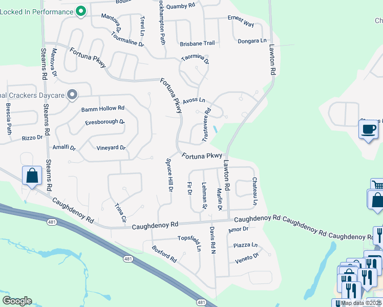 map of restaurants, bars, coffee shops, grocery stores, and more near 5510 Fortuna Parkway in Clay