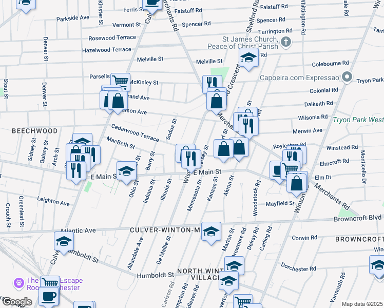 map of restaurants, bars, coffee shops, grocery stores, and more near 218 Wisconsin Street in Rochester