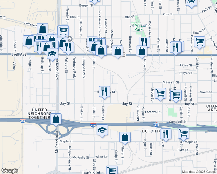 map of restaurants, bars, coffee shops, grocery stores, and more near 79 Pool Street in Rochester