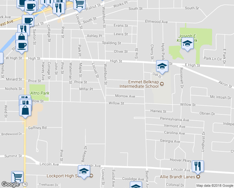 map of restaurants, bars, coffee shops, grocery stores, and more near 23 Morrow Avenue in Lockport