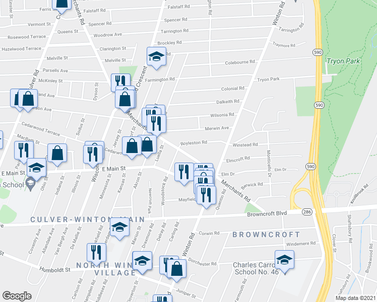 map of restaurants, bars, coffee shops, grocery stores, and more near 312 Merchants Rd in Rochester