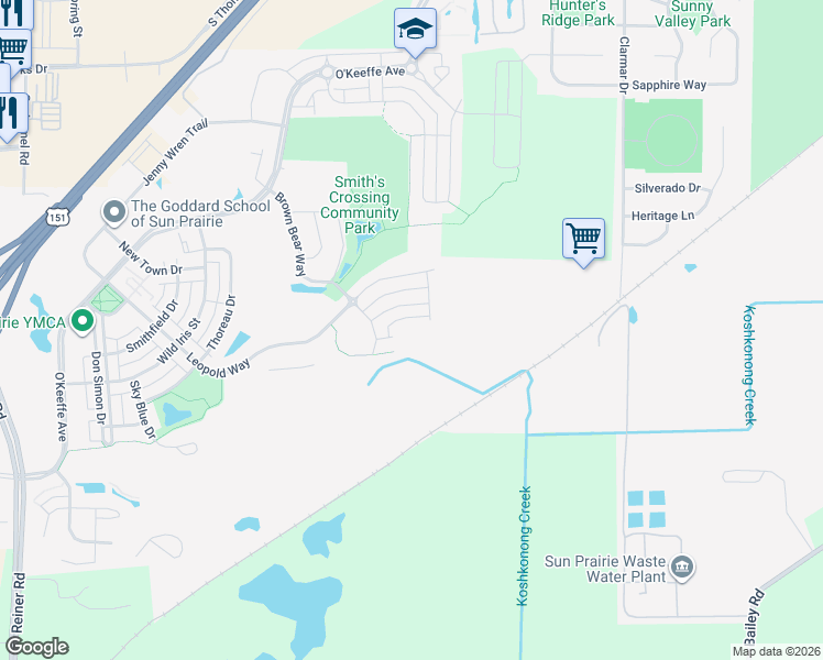 map of restaurants, bars, coffee shops, grocery stores, and more near 2148 Winding Stream Way in Sun Prairie