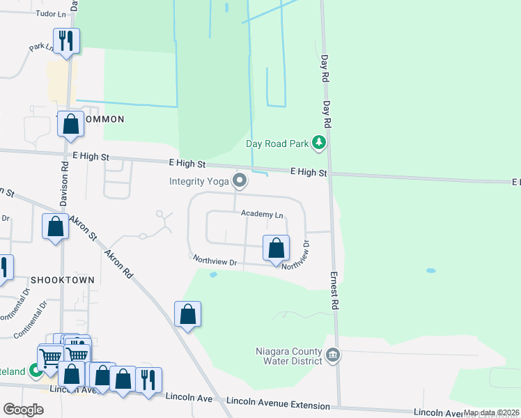 map of restaurants, bars, coffee shops, grocery stores, and more near 6953 Academy Lane in Lockport