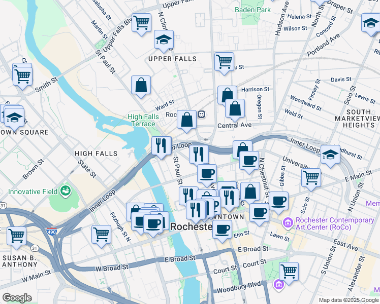 map of restaurants, bars, coffee shops, grocery stores, and more near 60 Bittner Street in Rochester