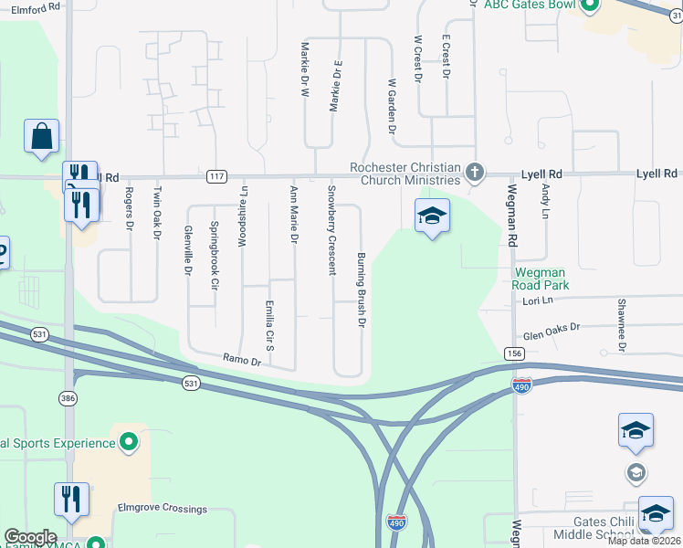 map of restaurants, bars, coffee shops, grocery stores, and more near 59 Snowberry Crescent in Rochester