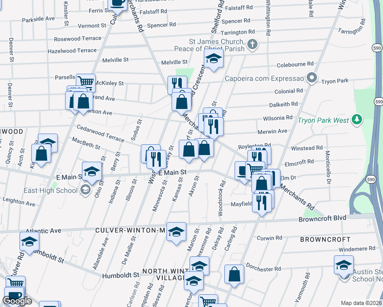map of restaurants, bars, coffee shops, grocery stores, and more near 735 Cedarwood Terrace in Rochester