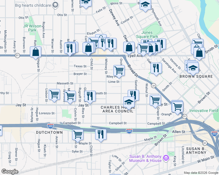 map of restaurants, bars, coffee shops, grocery stores, and more near 780 Smith Street in Rochester