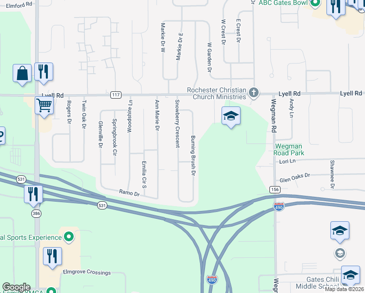 map of restaurants, bars, coffee shops, grocery stores, and more near 59 Snowberry Crescent in Rochester