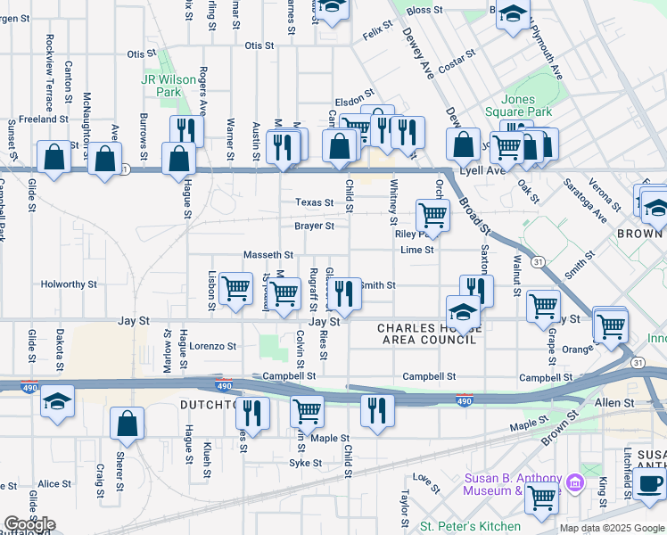 map of restaurants, bars, coffee shops, grocery stores, and more near 28 Glasser Street in Rochester