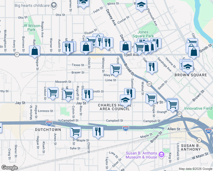 map of restaurants, bars, coffee shops, grocery stores, and more near 780 Smith Street in Rochester