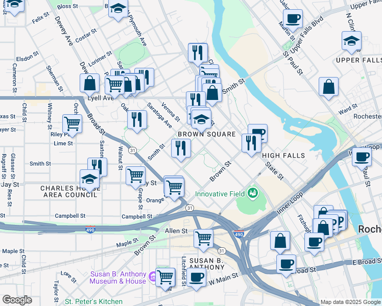 map of restaurants, bars, coffee shops, grocery stores, and more near 142 Jay Street in Rochester