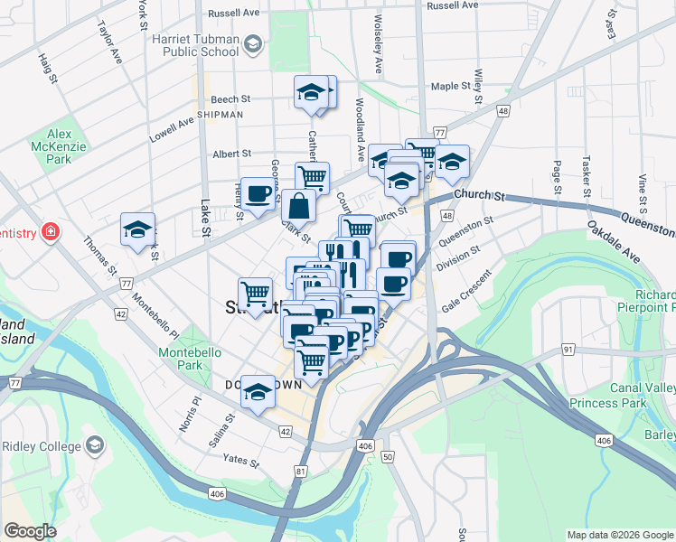 map of restaurants, bars, coffee shops, grocery stores, and more near 26 Academy Street in Saint Catharines