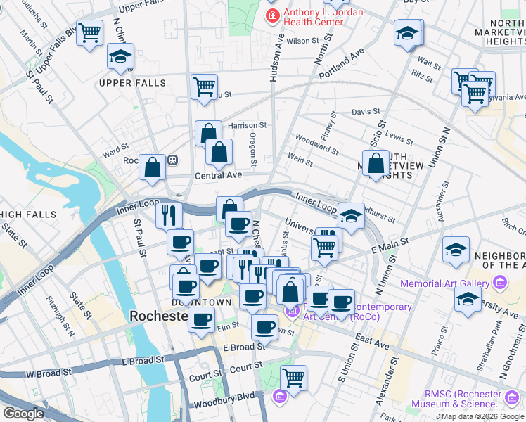 map of restaurants, bars, coffee shops, grocery stores, and more near 874 University Avenue in Rochester